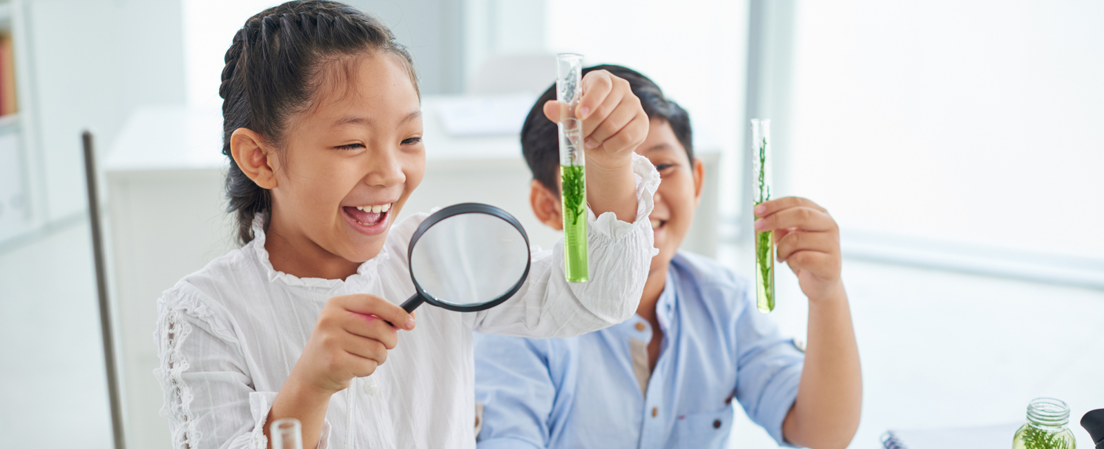 Children looking at plants in test tubes